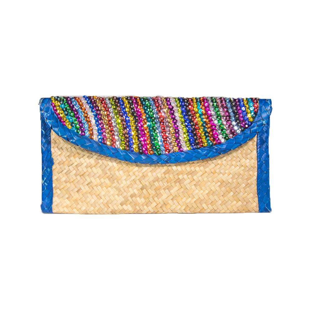 Clutch Bag with Sequin Stripes featuring colorful geometric patterns and blue trim, handwoven from natural palm leaves.