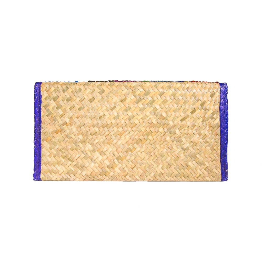 Clutch Bag with Sequin Stripes featuring colorful geometric patterns and blue trim, handwoven from natural palm leaves.