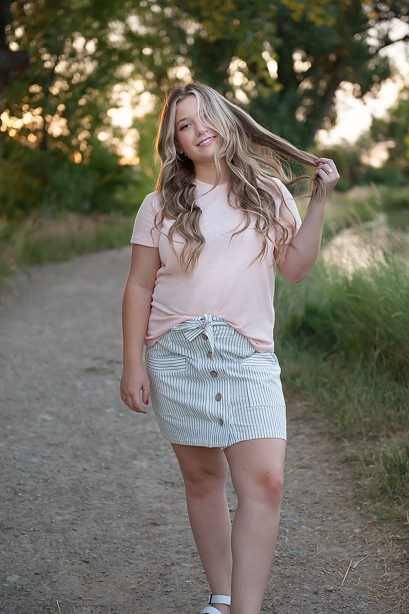 Coconut Button Stripe Woven Skirt in Cream with charcoal stripes and matching belt, featuring functional accent pockets.