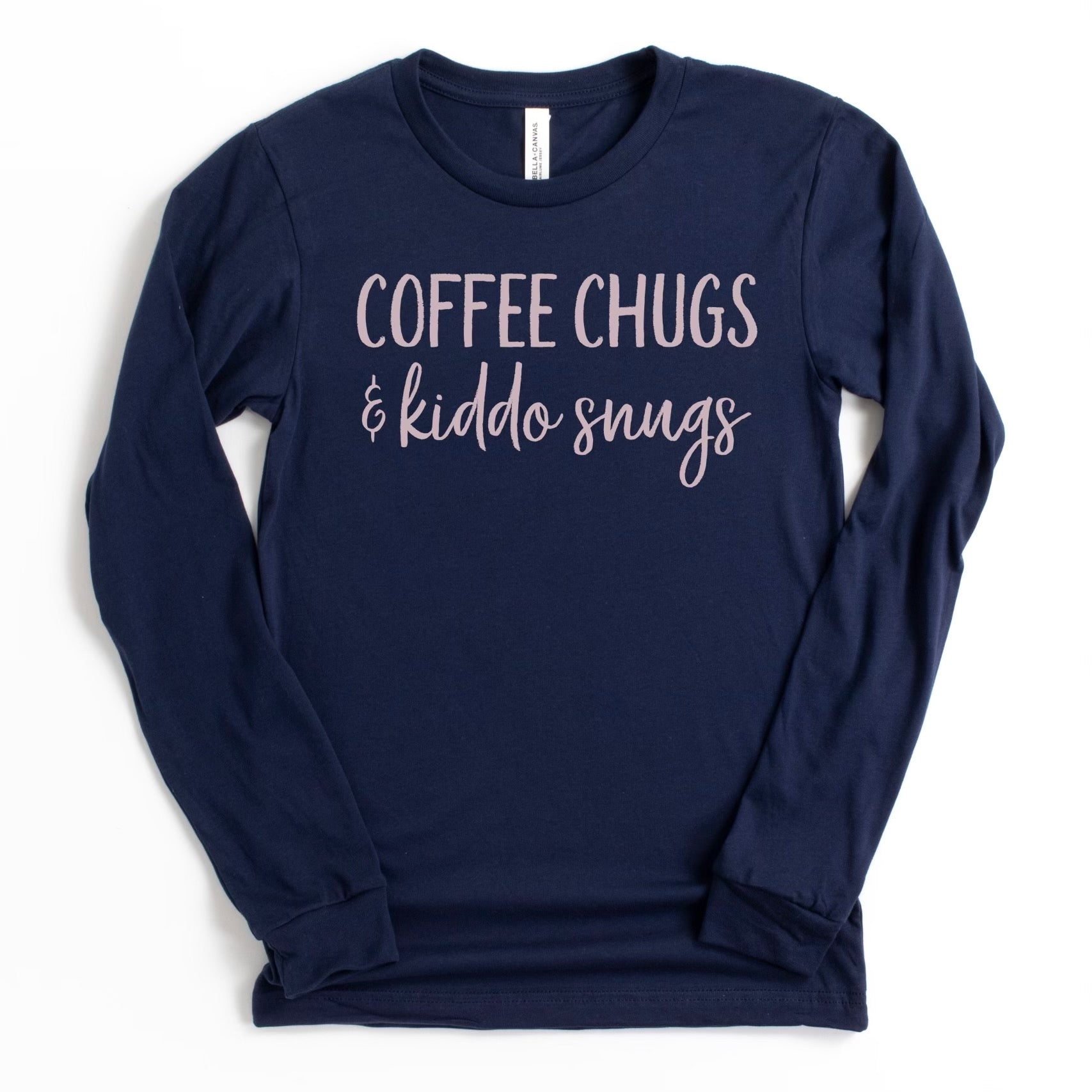 Navy long sleeve shirt with metallic rose gold print, featuring cozy fleece material and unisex fit, perfect for coffee lovers and kids.