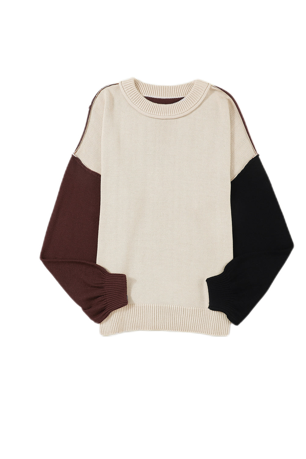 Coffee Colorblock Bishop Sleeve Ribbed Trim Sweater featuring a stylish patchwork design and elegant bishop sleeves.