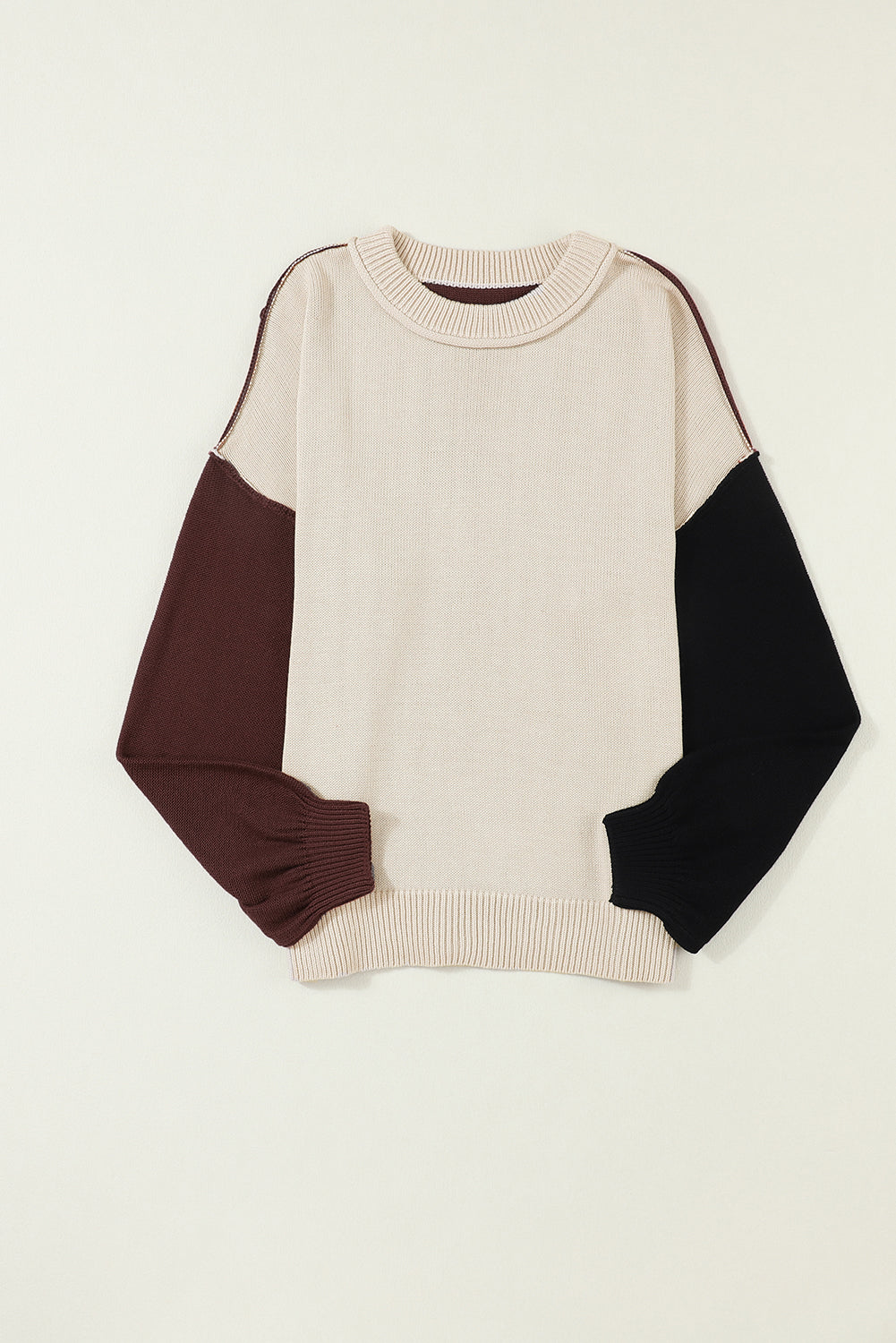 Coffee Colorblock Bishop Sleeve Ribbed Trim Sweater featuring a stylish patchwork design and elegant bishop sleeves.