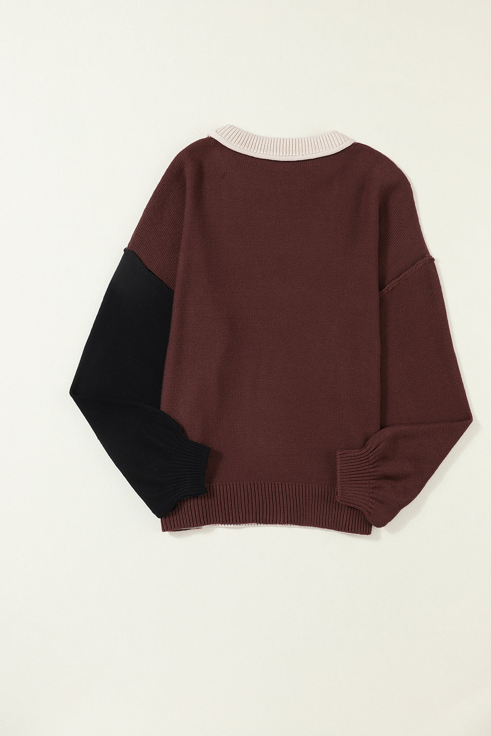 Coffee Colorblock Bishop Sleeve Ribbed Trim Sweater featuring a stylish patchwork design and elegant bishop sleeves.