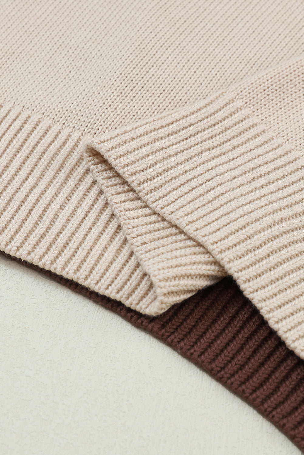 Coffee Colorblock Bishop Sleeve Ribbed Trim Sweater featuring a stylish patchwork design and elegant bishop sleeves.