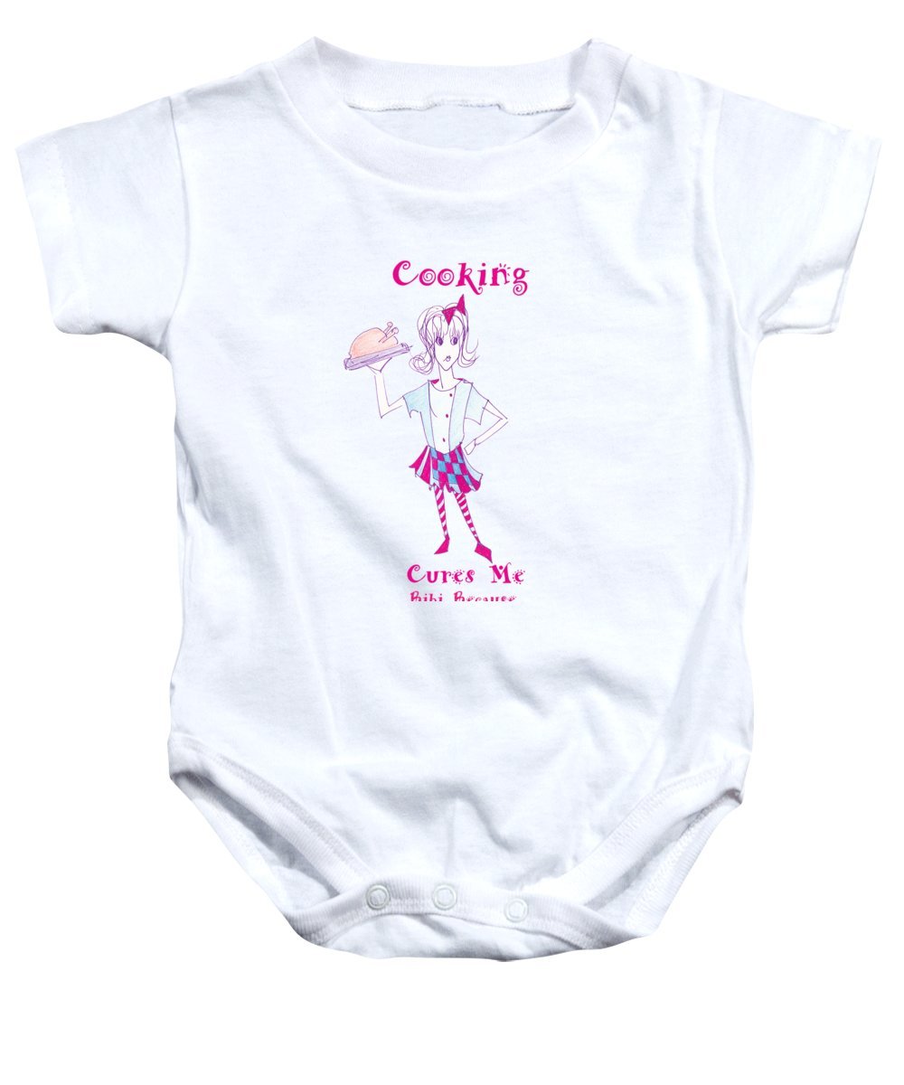 Cooking Cures Me Bibi Baby Onesie made from 100% pre-shrunk cotton, featuring a playful design suitable for infants.