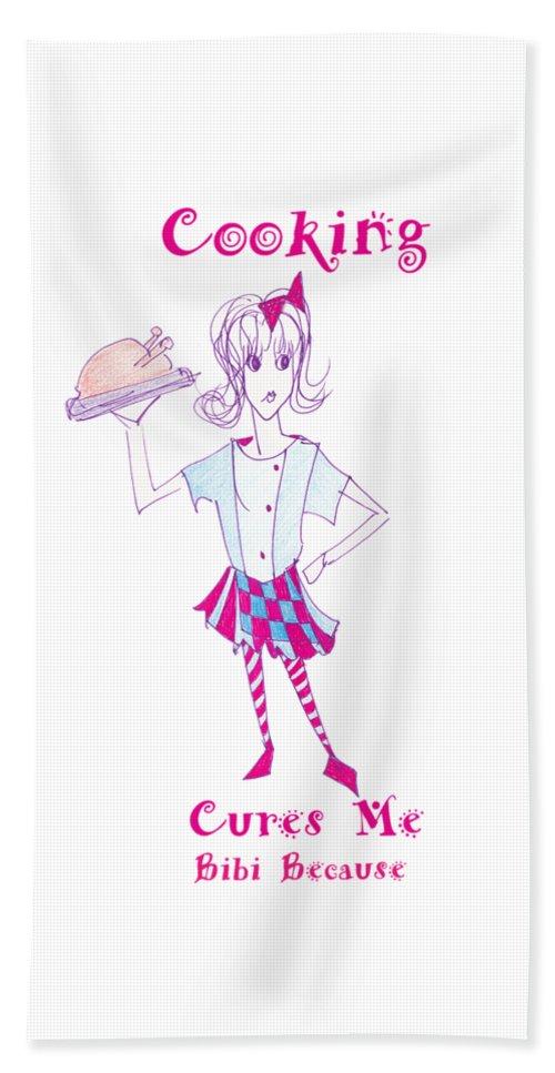 Luxurious Cooking Cures Me Bibi beach towel made from soft microfiber with a vibrant printed design on top and a white cotton back.