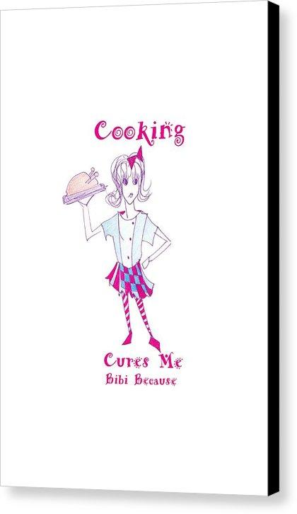 Cooking Cures Me Bibi canvas print featuring vibrant culinary artwork on a wooden frame, ready to hang.