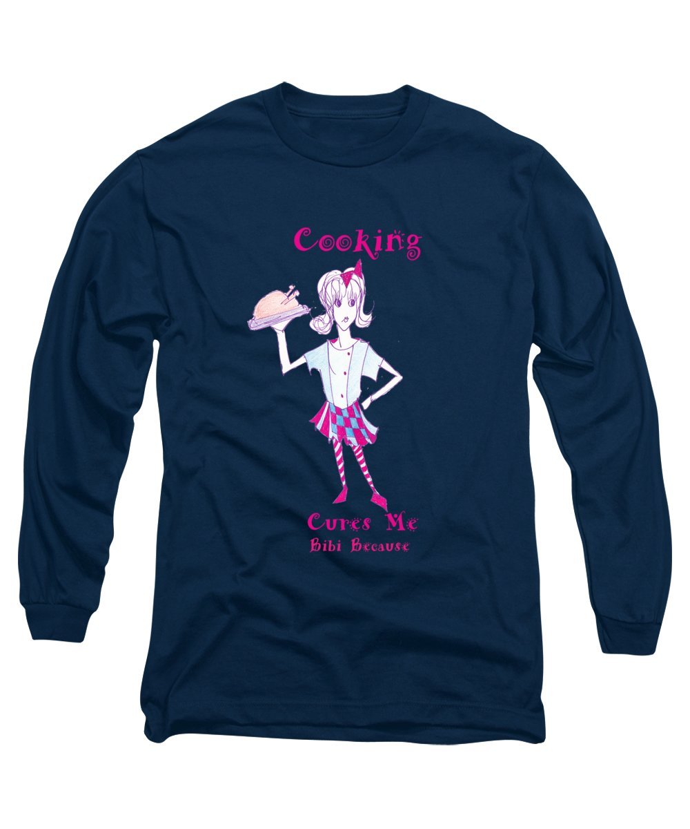 Cooking Cures Me Bibi long sleeve t-shirt in various sizes, showcasing its comfortable fabric and stylish design.