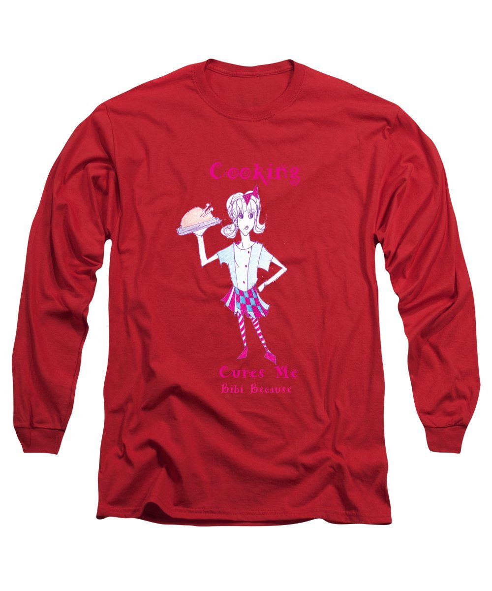 Cooking Cures Me Bibi long sleeve t-shirt in various sizes, showcasing its comfortable fabric and stylish design.