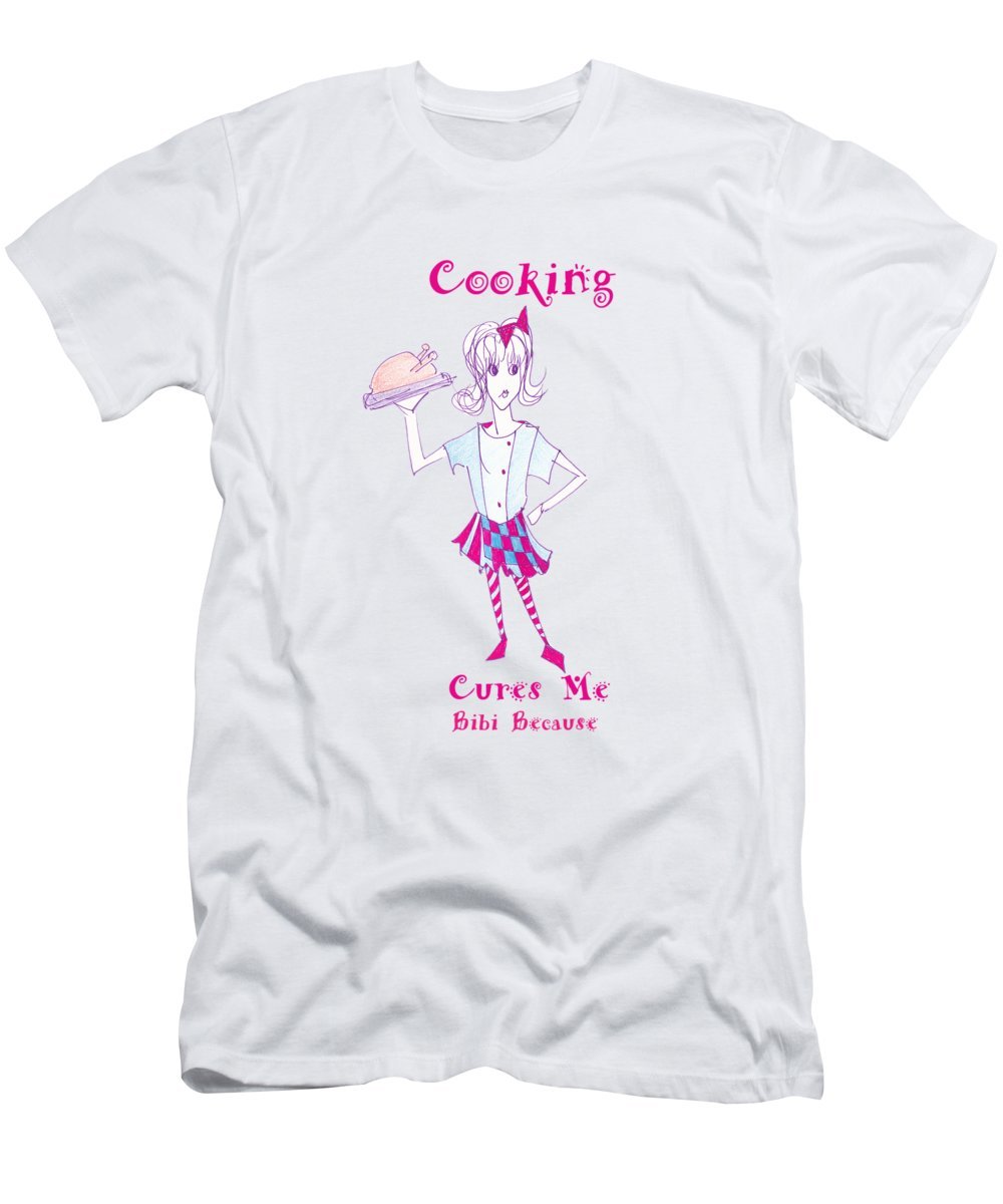 Men's t-shirt featuring the phrase 'Cooking Cures Me Bibi', made from a cotton-polyester blend.