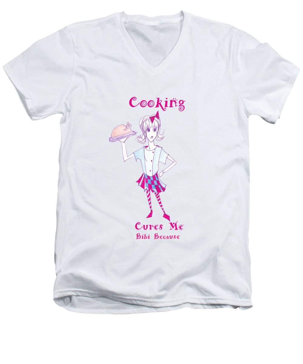 Cooking Cures Me Bibi Men's V-Neck t-shirt in a stylish design, made from a soft cotton-polyester blend, available in various sizes.