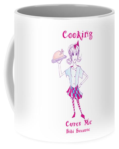 Ceramic Cooking Cures Me Bibi mug in two sizes, showcasing its stylish design and practical features.