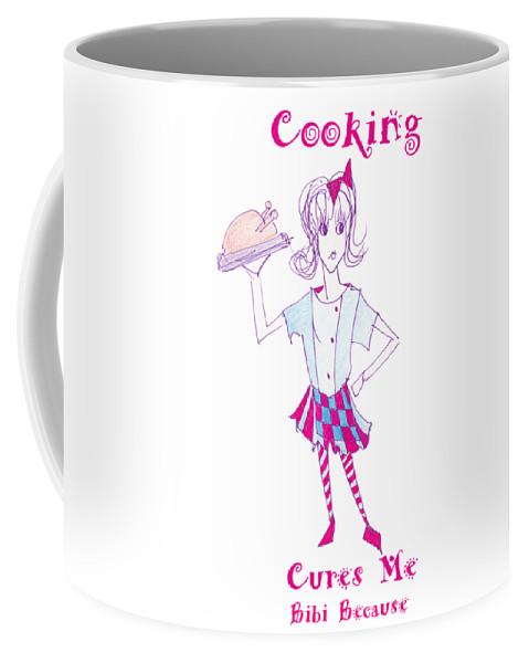 Ceramic Cooking Cures Me Bibi mug in two sizes, showcasing its elegant design and practical features.