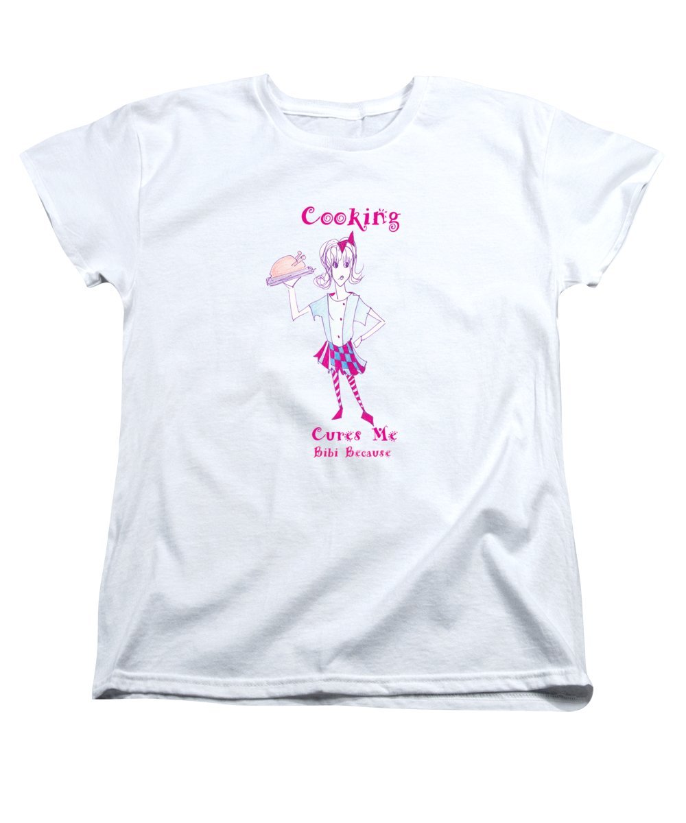 A stylish women's t-shirt featuring the phrase 'Cooking Cures Me Bibi', made from a soft cotton-polyester blend.