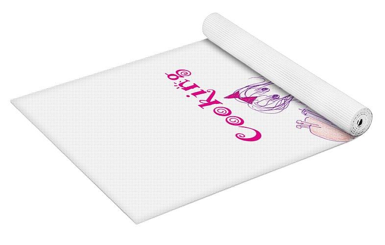 Cooking Cures Me Bibi Yoga Mat featuring a stylish printed design on a blended microfiber surface with a solid black textured back.