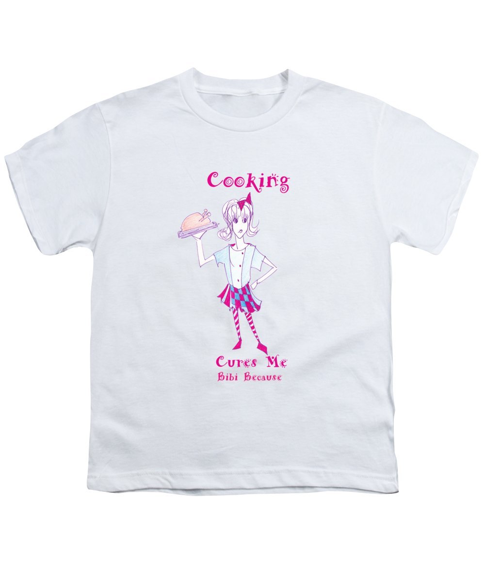 A stylish youth t-shirt featuring the phrase 'Cooking Cures Me Bibi', made from 100% pre-shrunk cotton, available in various sizes.