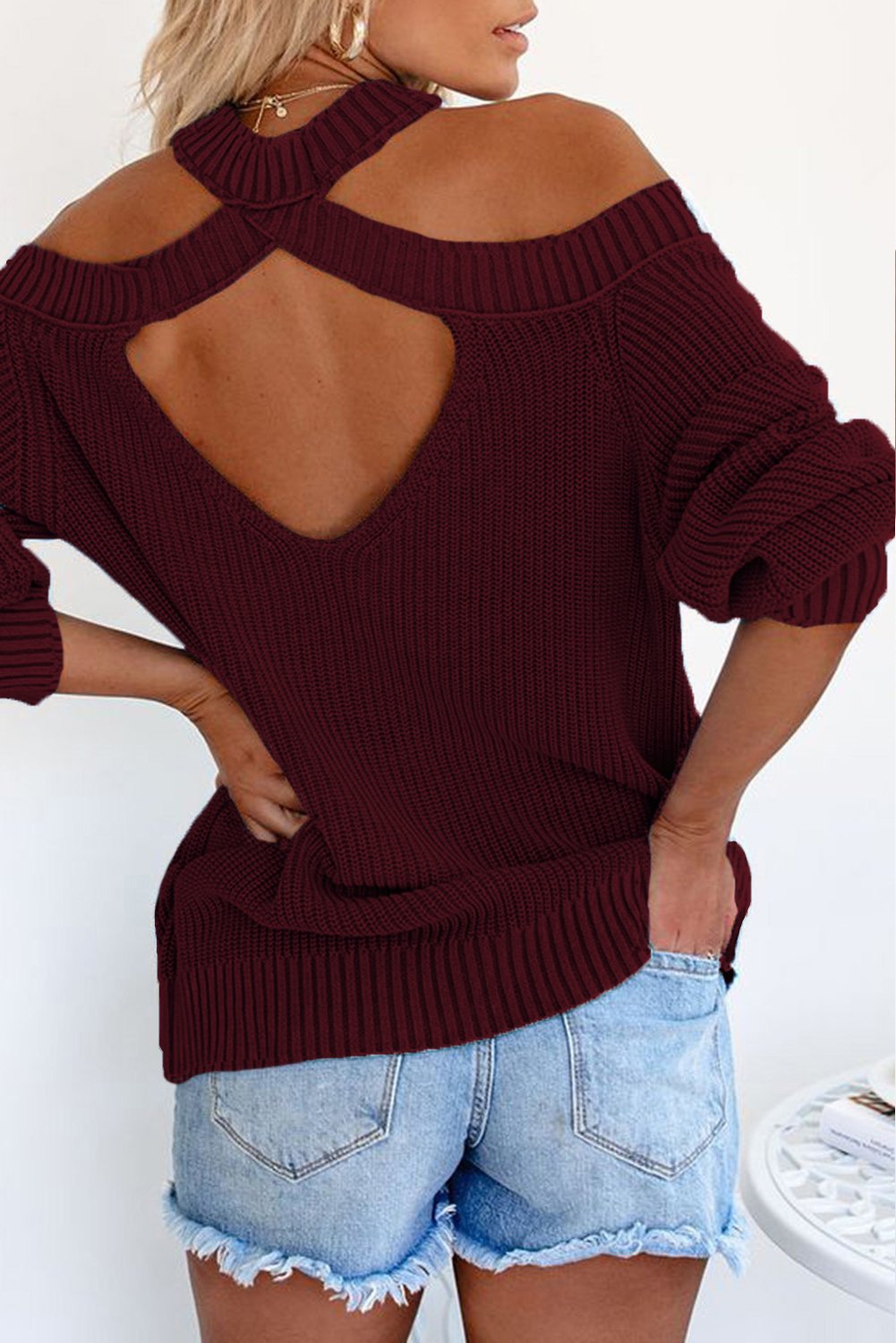 A stylish Cool Breeze Cotton Cold Shoulder Sweater featuring shoulder cutouts and ribbed edges, perfect for casual and formal occasions.