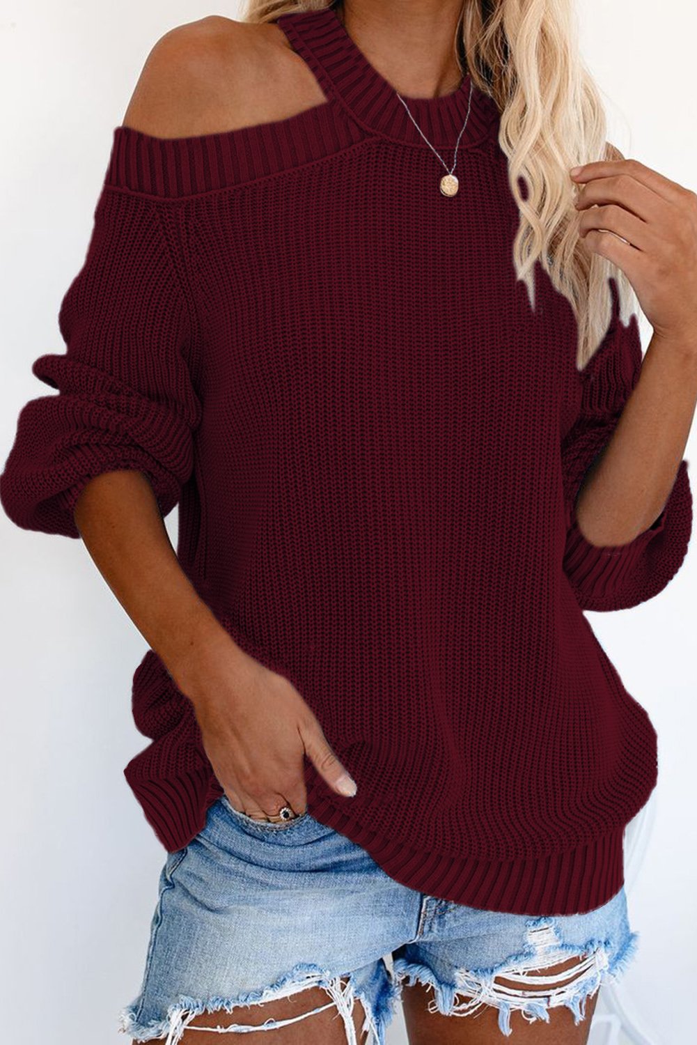 A stylish Cool Breeze Cotton Cold Shoulder Sweater featuring shoulder cutouts and ribbed edges, perfect for casual and formal occasions.