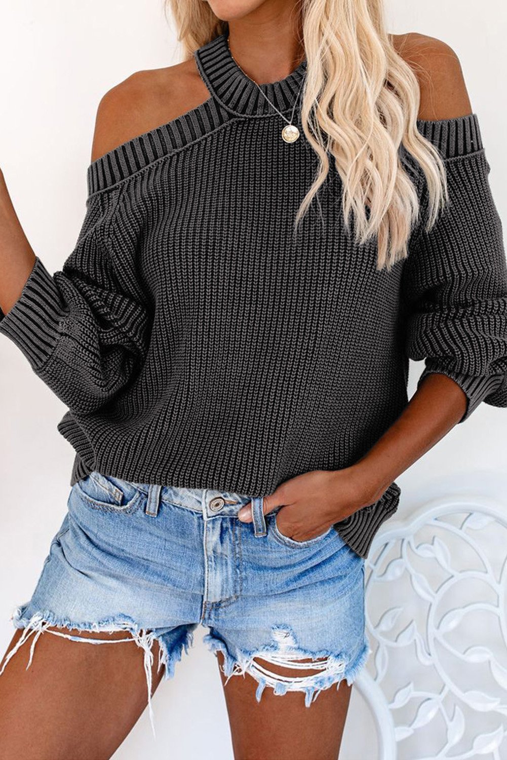 A stylish Cool Breeze Cotton Cold Shoulder Sweater featuring shoulder cutouts and ribbed edges, perfect for casual and formal occasions.