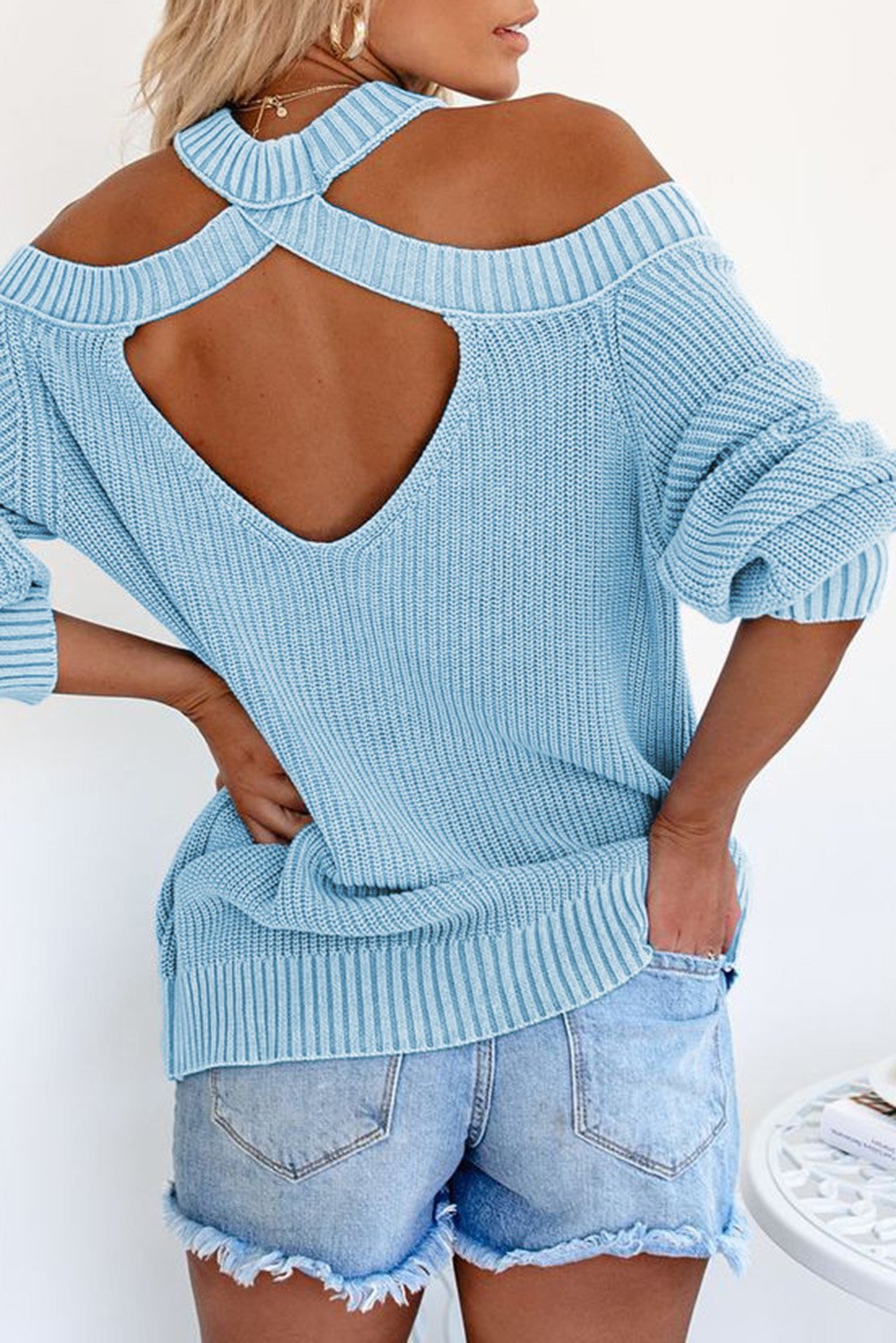 A stylish Cool Breeze Cotton Cold Shoulder Sweater featuring shoulder cutouts and ribbed edges, perfect for casual and formal occasions.