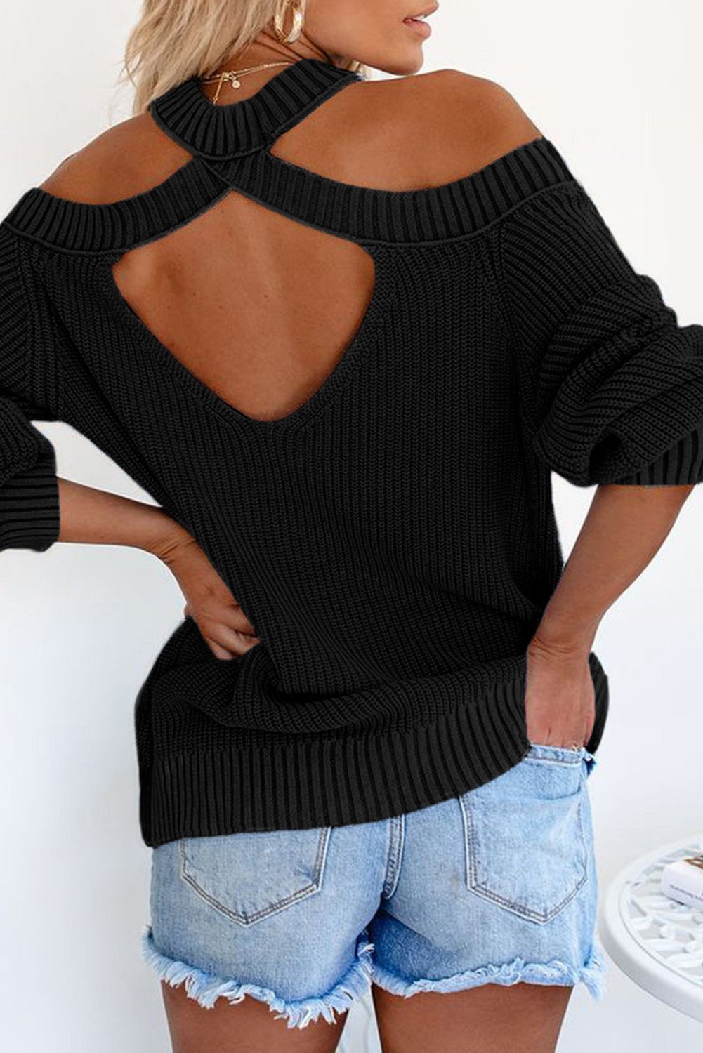 A stylish Cool Breeze Cotton Cold Shoulder Sweater featuring shoulder cutouts and ribbed edges, perfect for casual and formal occasions.