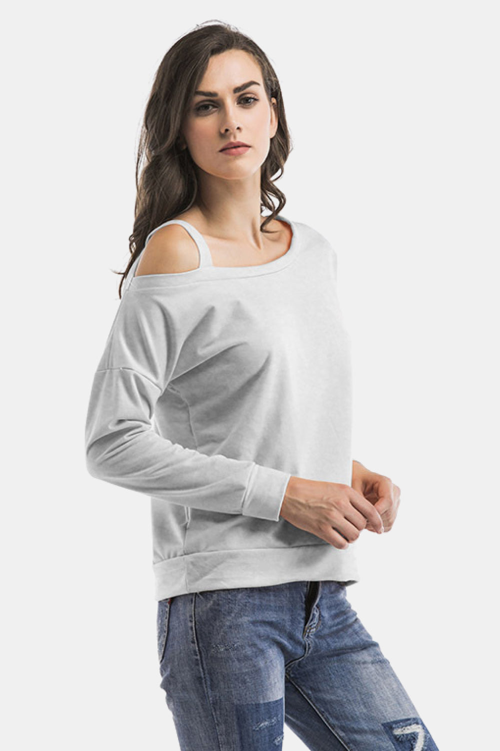 Cold-Shoulder Asymmetrical Neck Sweatshirt featuring crisscross open back and long sleeves in a studio setting.