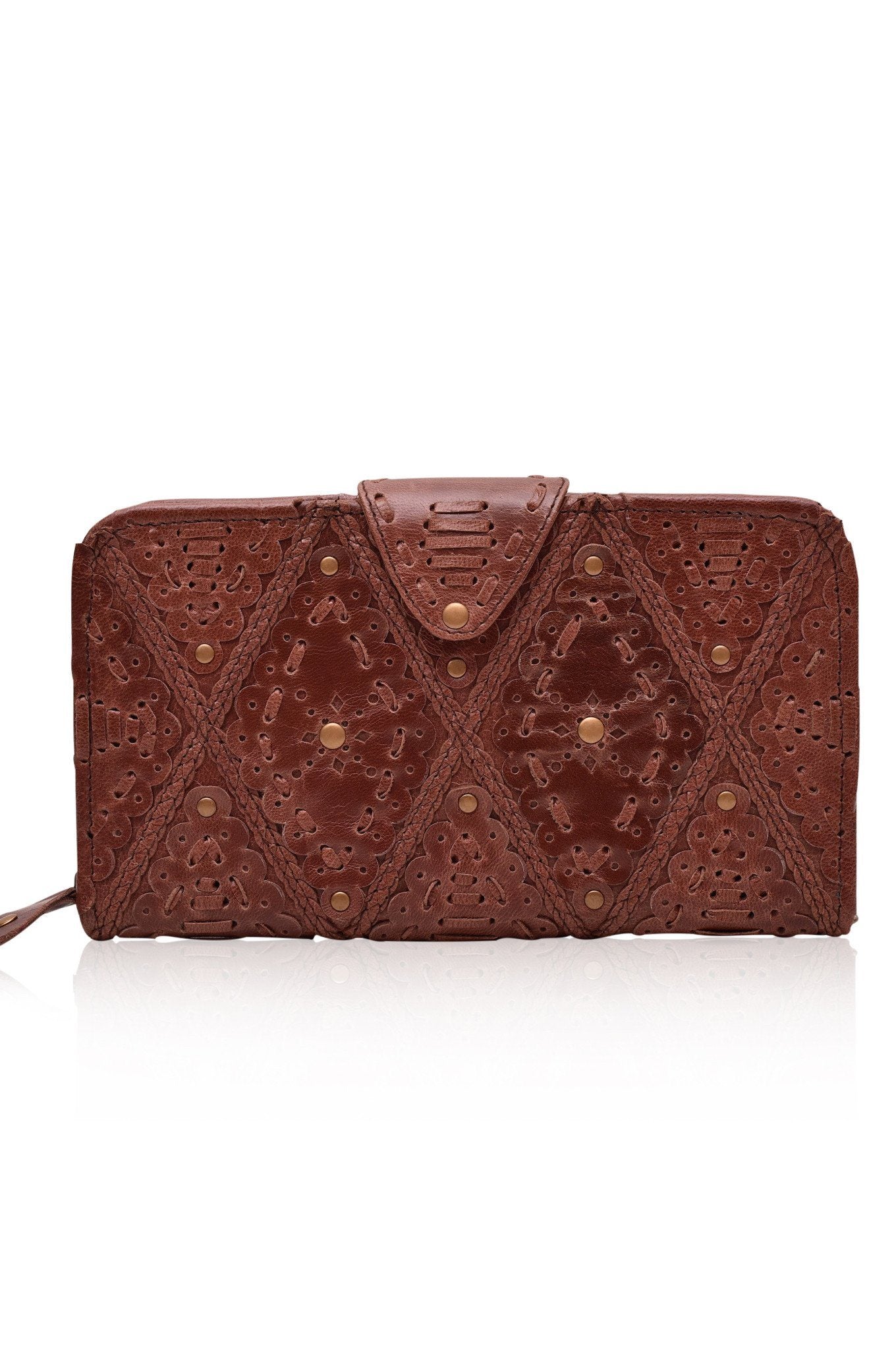 Colibri Leather Crossbody Clutch featuring intricate cut-out work and leather stitching, available in various colors.