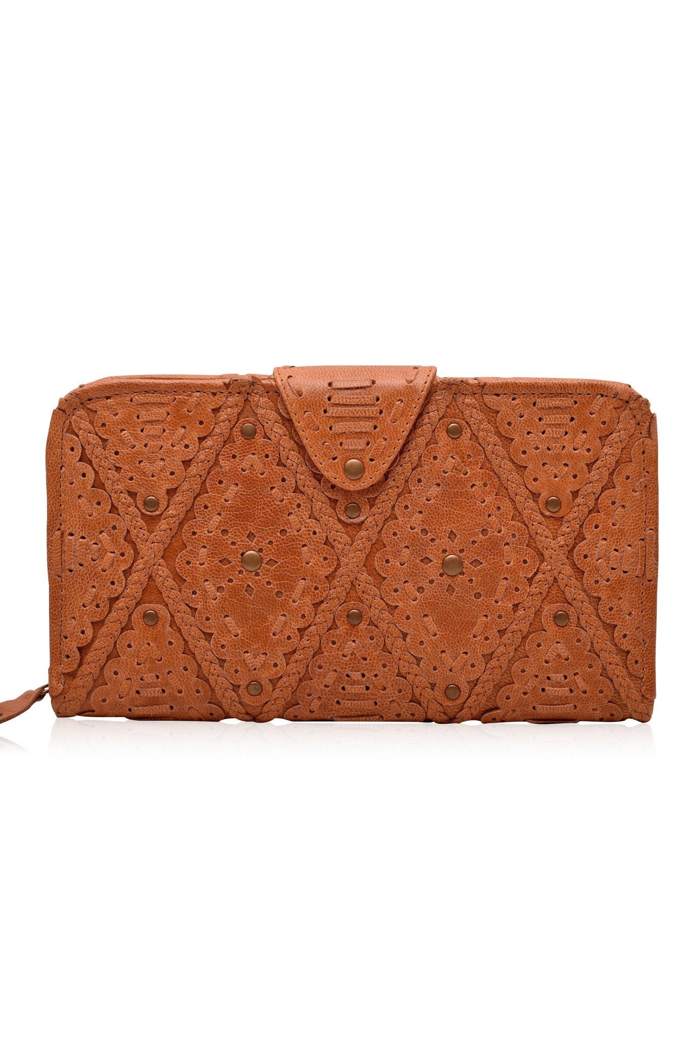 Colibri Leather Crossbody Clutch featuring intricate cut-out work and leather stitching, available in various colors.