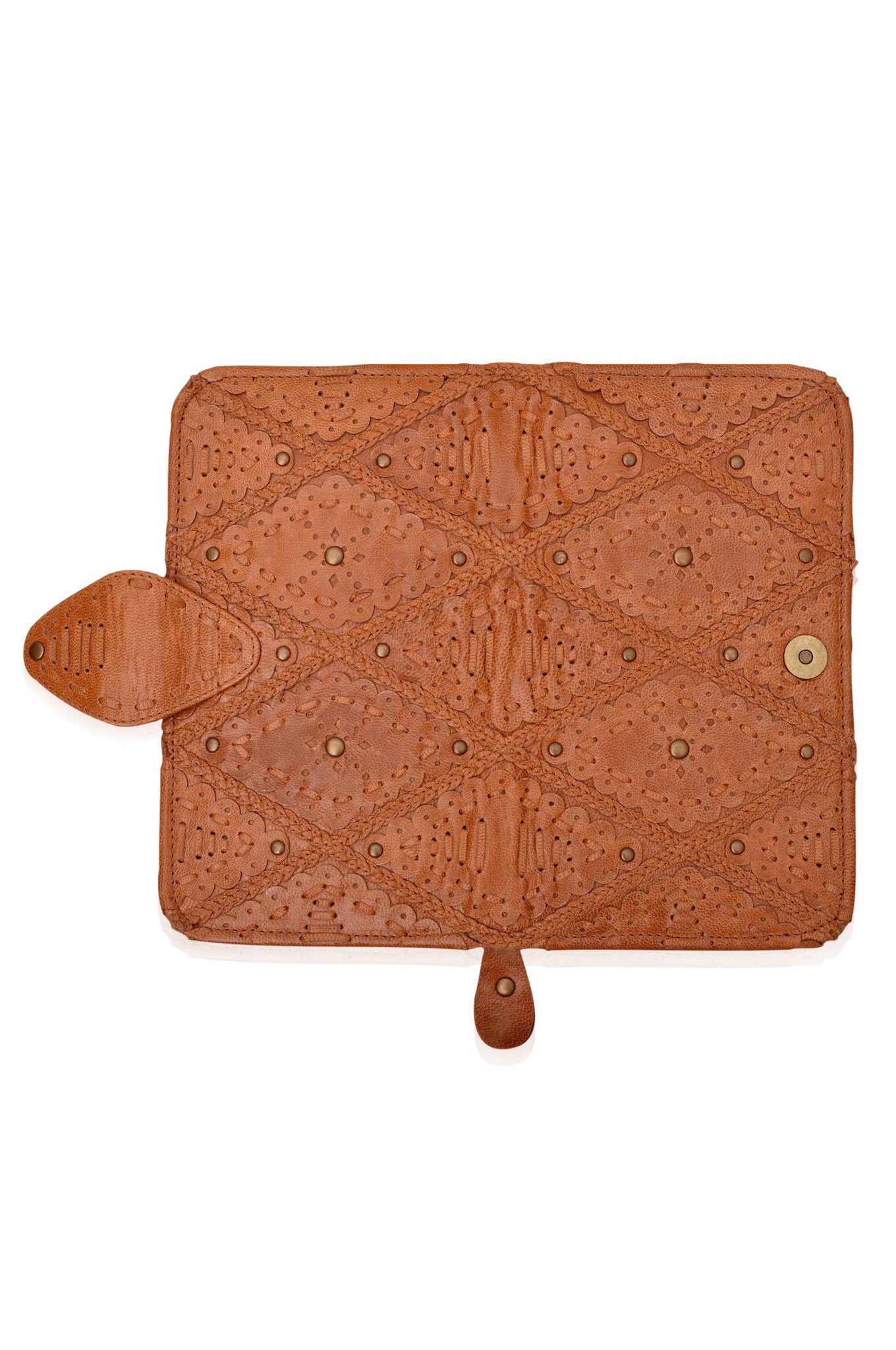 Colibri Leather Crossbody Clutch featuring intricate cut-out work and leather stitching, available in various colors.