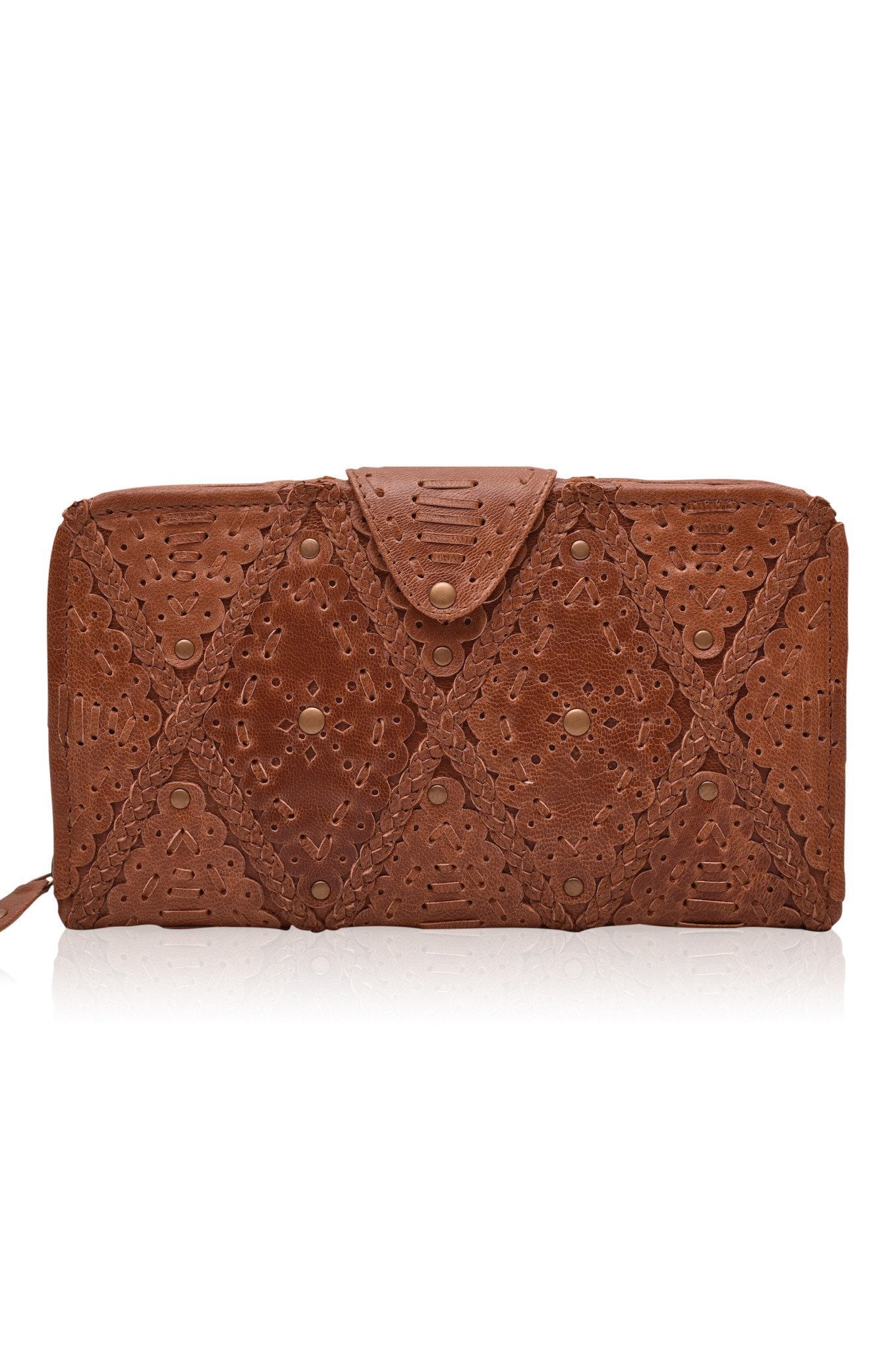 Colibri Leather Crossbody Clutch featuring intricate cut-out work and leather stitching, available in various colors.