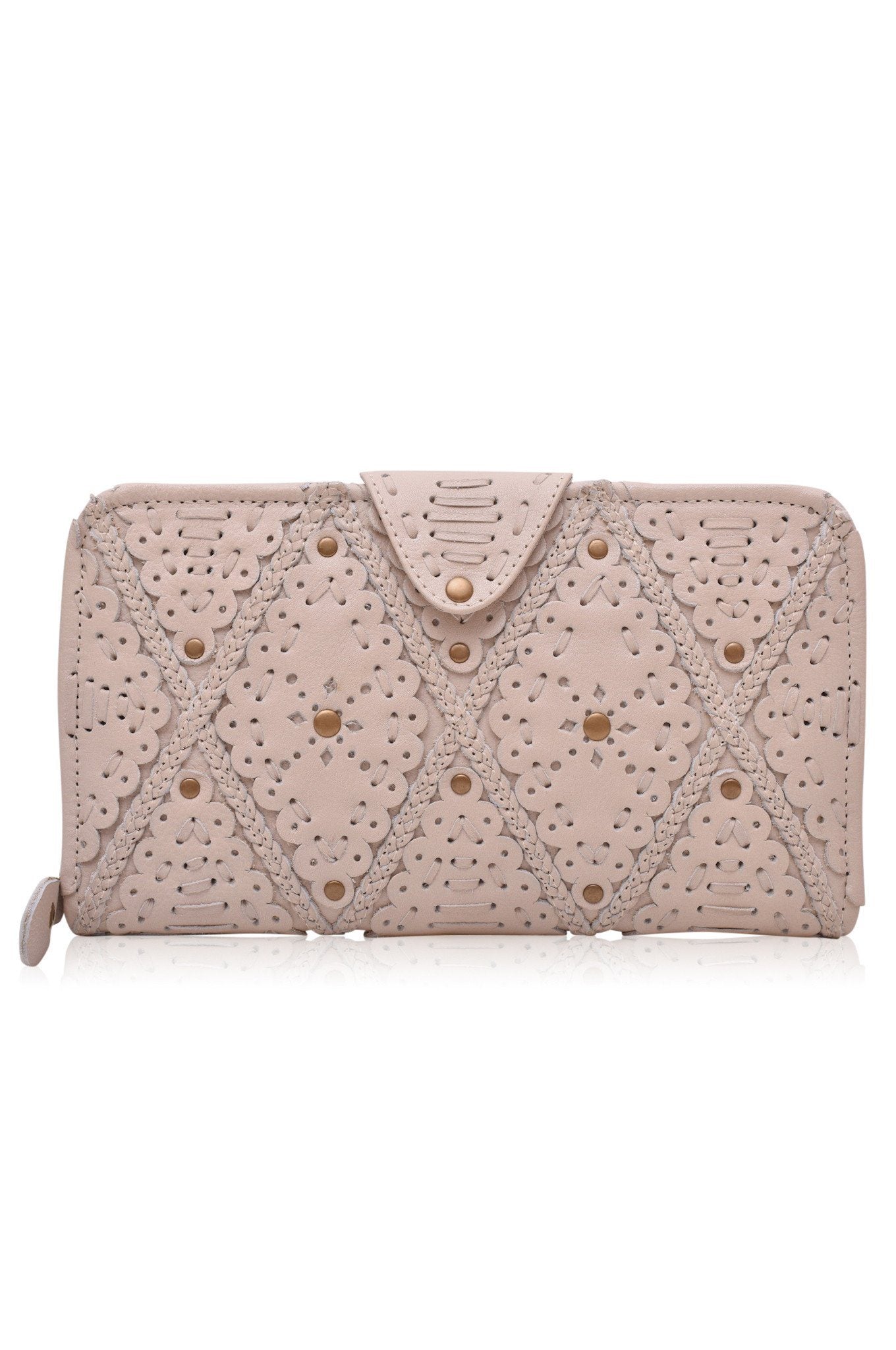 Colibri Leather Crossbody Clutch featuring intricate cut-out work and leather stitching, available in various colors.