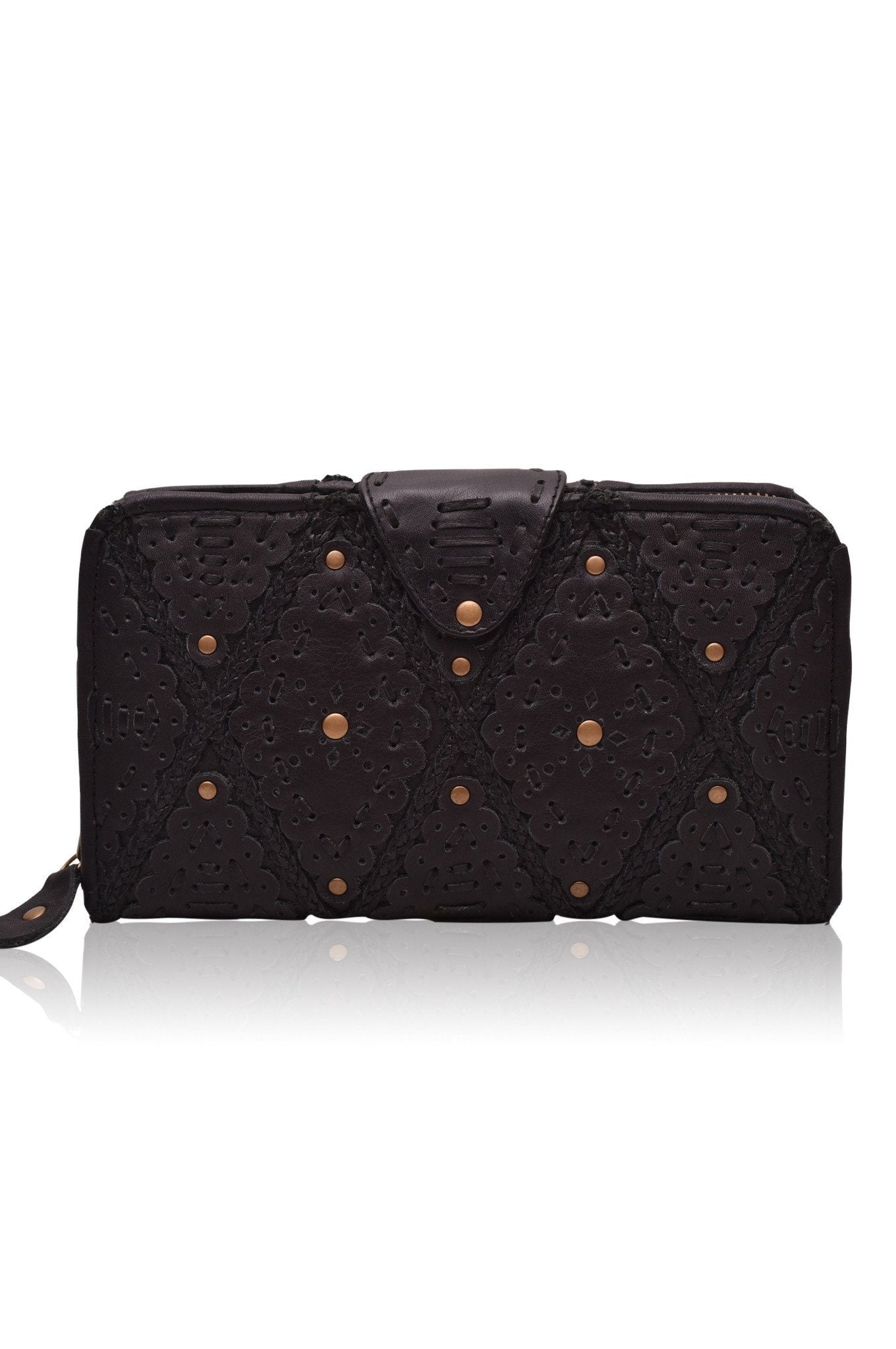 Colibri Leather Crossbody Clutch featuring intricate cut-out work and leather stitching, available in various colors.