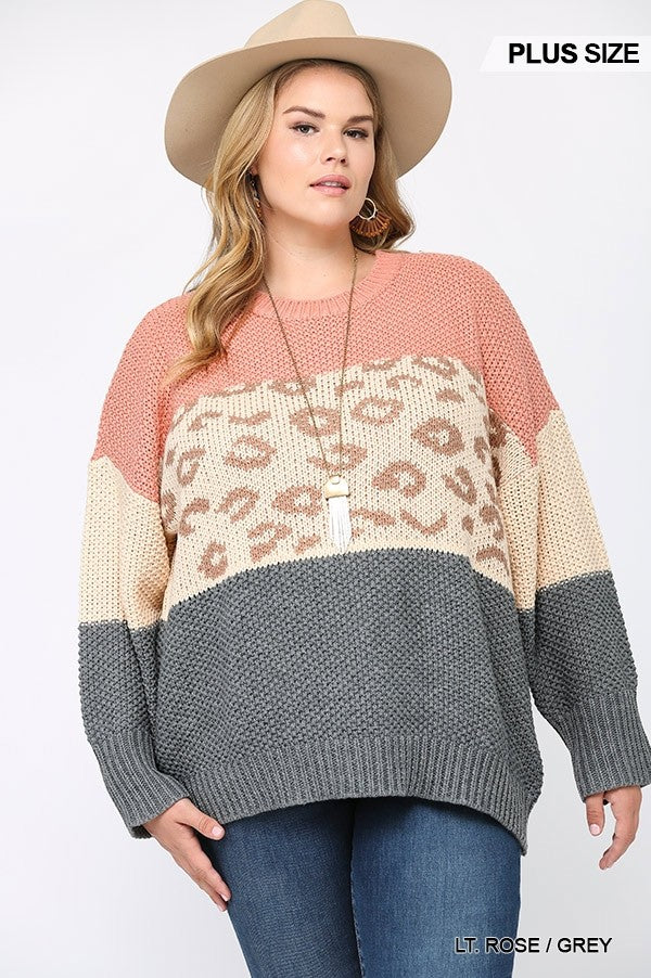 Color Block and Leopard Pattern Mixed Pullover Sweater in light rose and grey, showcasing stylish design and soft texture.