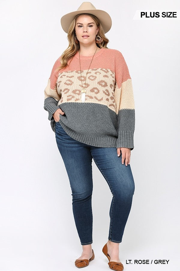 Color Block and Leopard Pattern Mixed Pullover Sweater in light rose and grey, showcasing stylish design and soft texture.