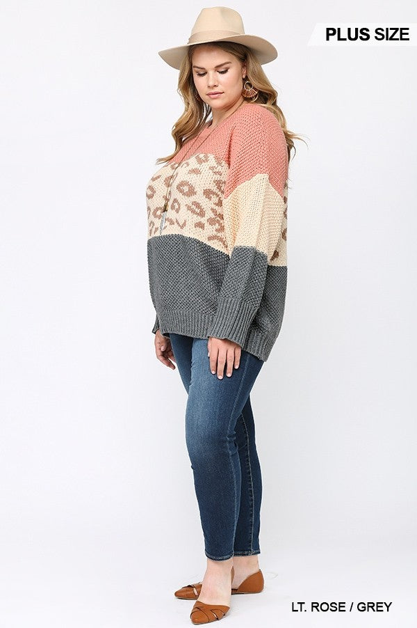 Color Block and Leopard Pattern Mixed Pullover Sweater in light rose and grey, showcasing stylish design and soft texture.