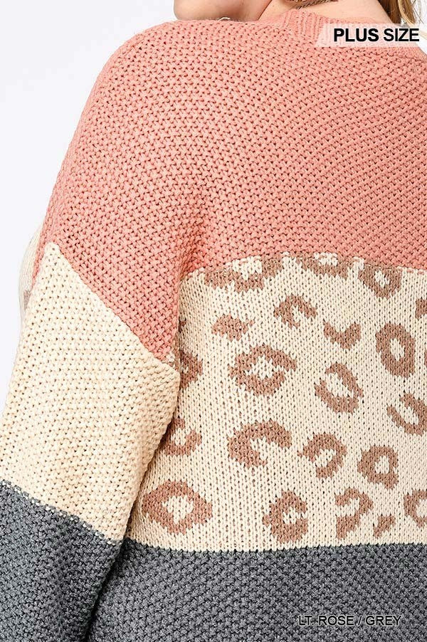 Color Block and Leopard Pattern Mixed Pullover Sweater in light rose and grey, showcasing stylish design and soft texture.