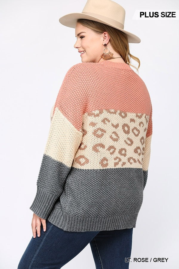 Color Block and Leopard Pattern Mixed Pullover Sweater in light rose and grey, showcasing stylish design and soft texture.