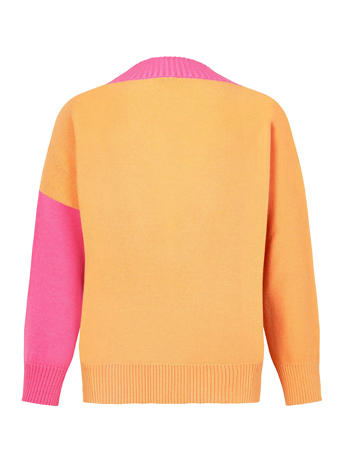 Color Block Knit Cardigan featuring vibrant orange, pink, and blue hues with a slouchy fit and long sleeves.