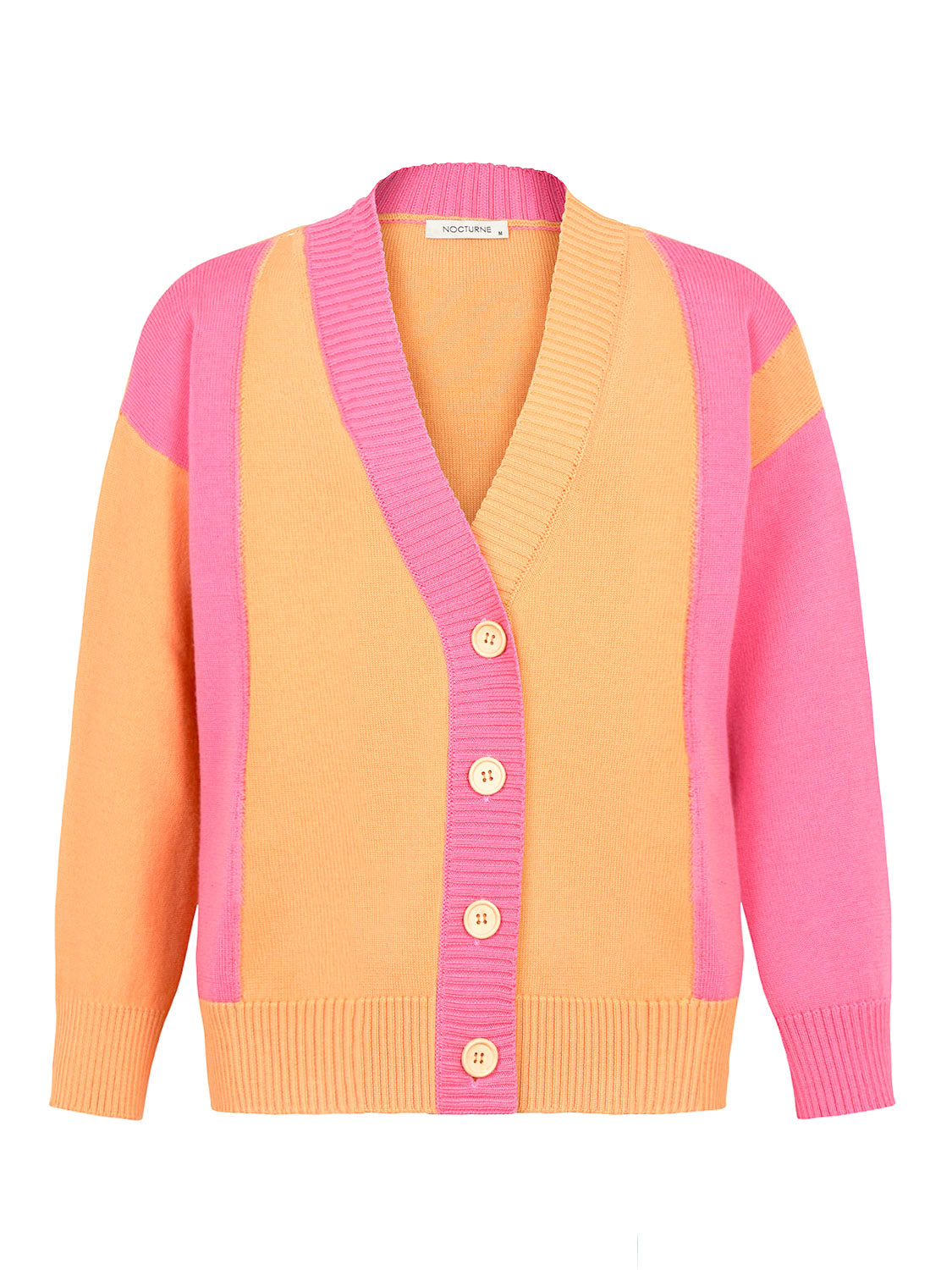 Color Block Knit Cardigan featuring vibrant orange, pink, and blue hues with a slouchy fit and long sleeves.