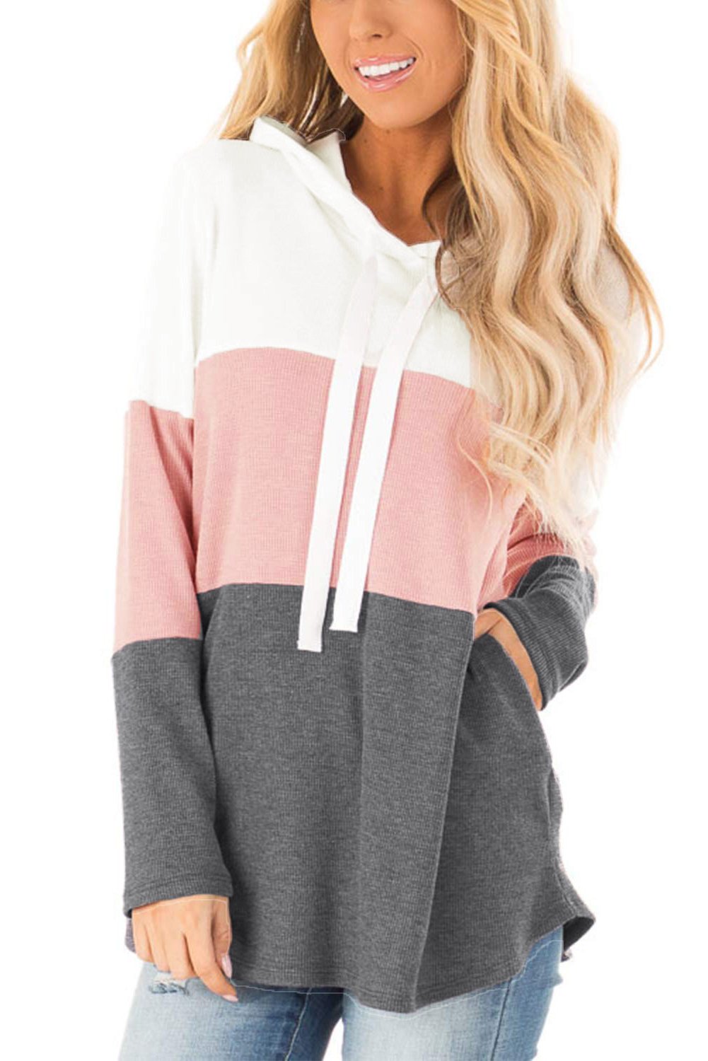 Color Block Long Sleeve Drawstring Hoodie featuring a trendy three-color design, adjustable hood, and relaxed fit, perfect for casual wear.