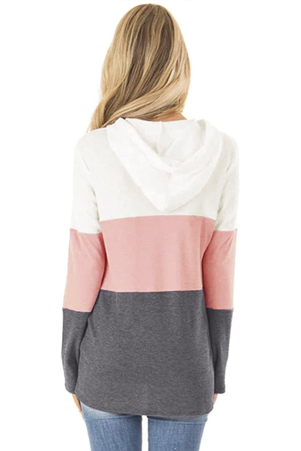 Color Block Long Sleeve Drawstring Hoodie featuring a trendy three-color design, adjustable hood, and relaxed fit, perfect for casual wear.