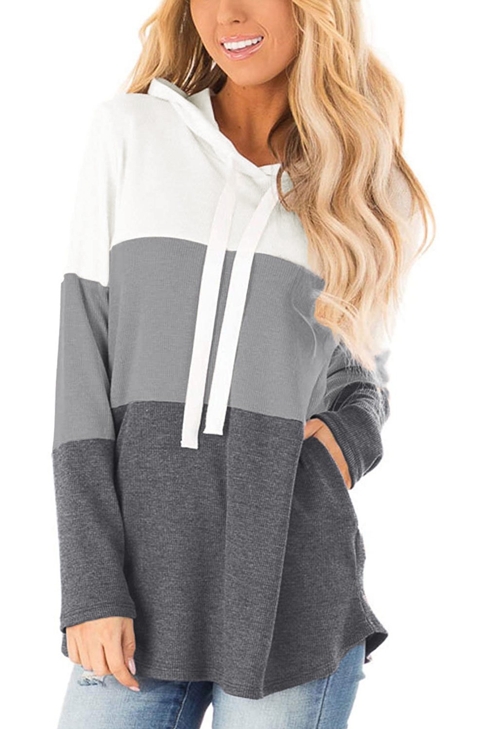 Color Block Long Sleeve Drawstring Hoodie featuring a trendy three-color design, adjustable hood, and relaxed fit, perfect for casual wear.