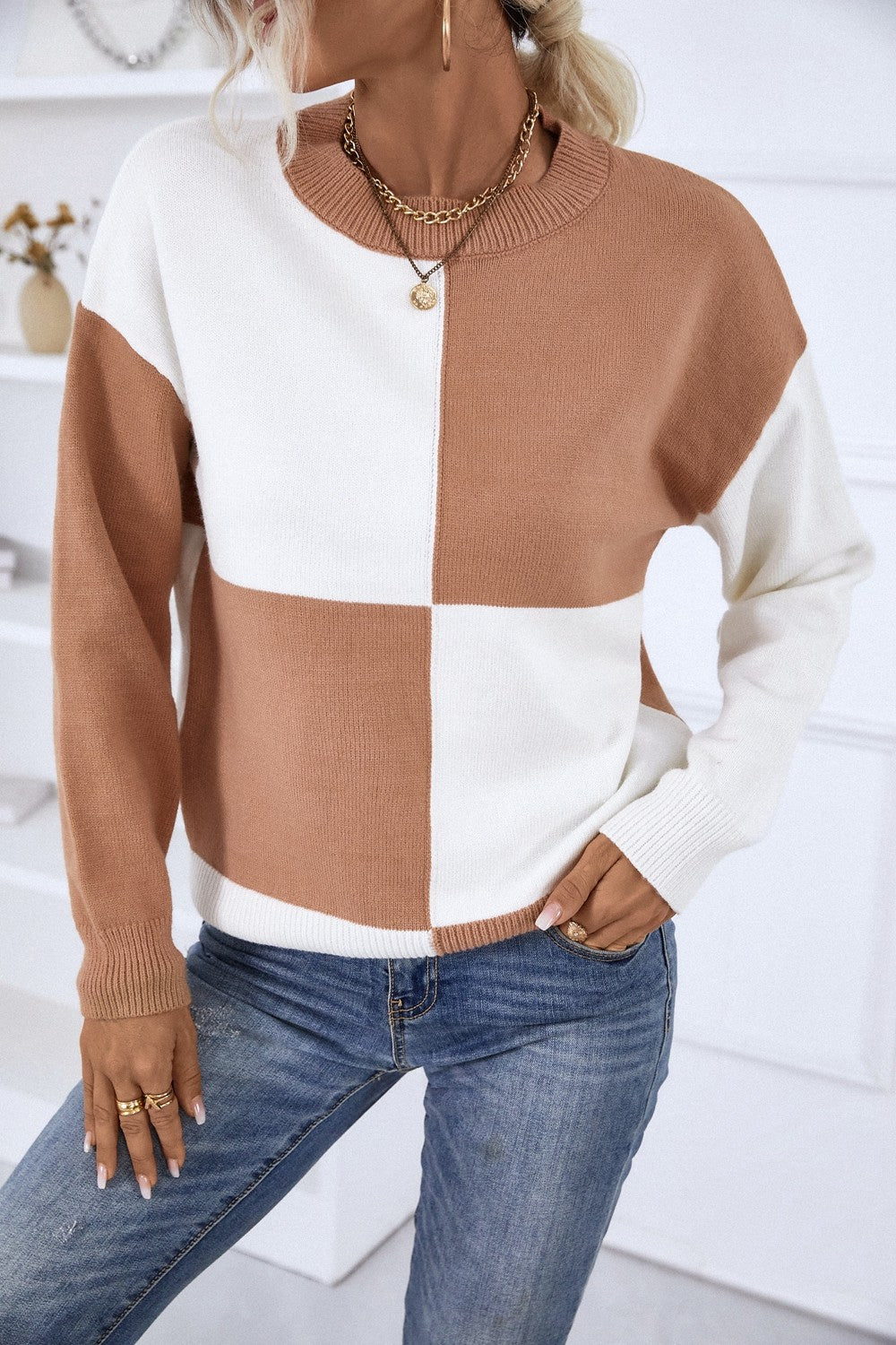 Color Block Ribbed Trim Dropped Shoulder Knit Pullover featuring a trendy design with ribbed details and long sleeves.