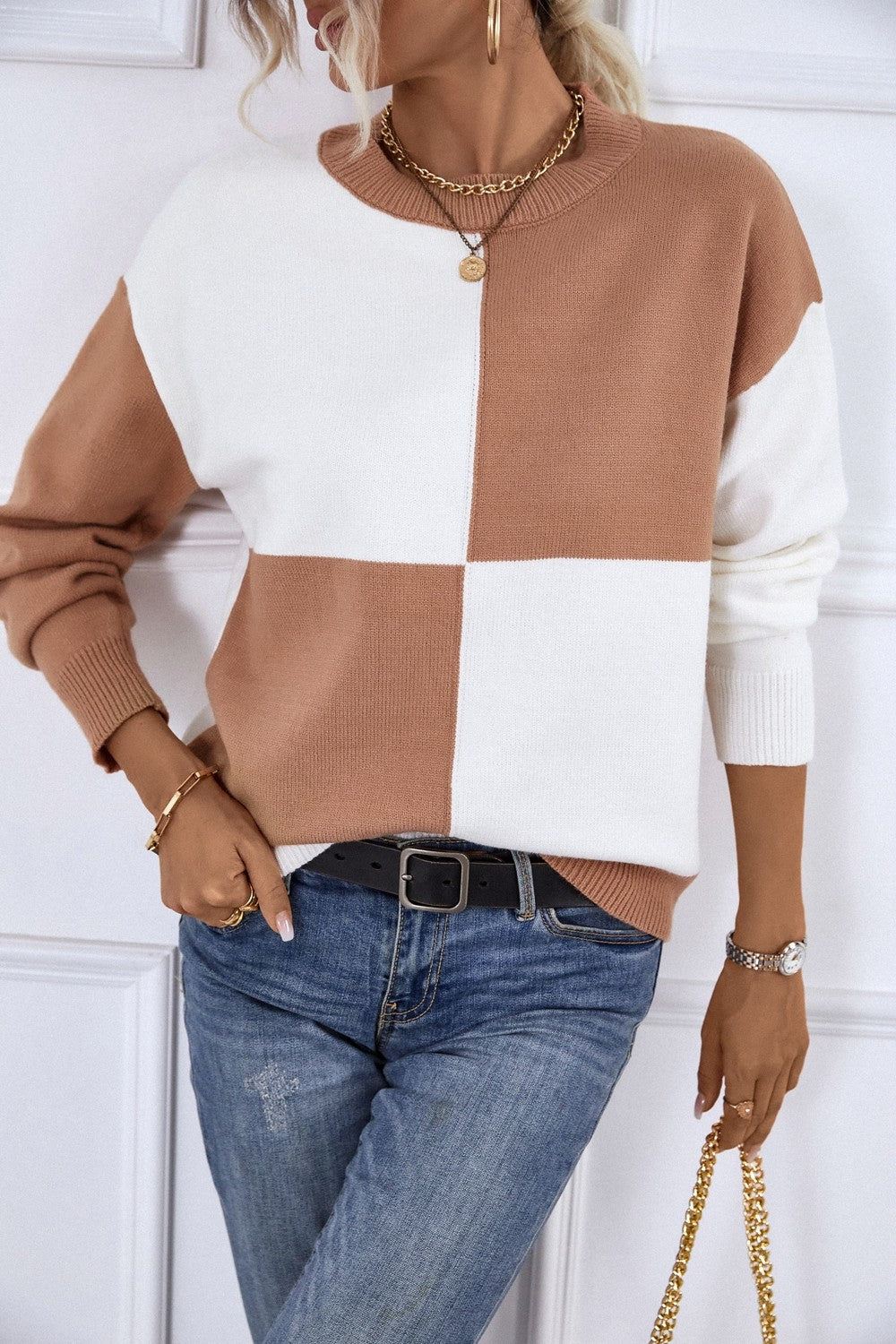 Color Block Ribbed Trim Dropped Shoulder Knit Pullover featuring a trendy design with ribbed details and long sleeves.