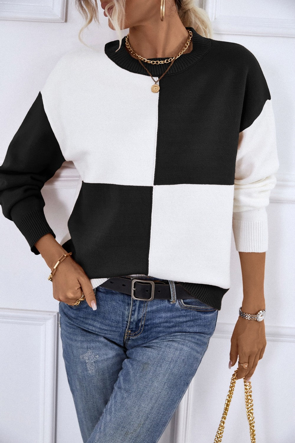 Color Block Ribbed Trim Dropped Shoulder Knit Pullover featuring a trendy design with ribbed details and long sleeves.