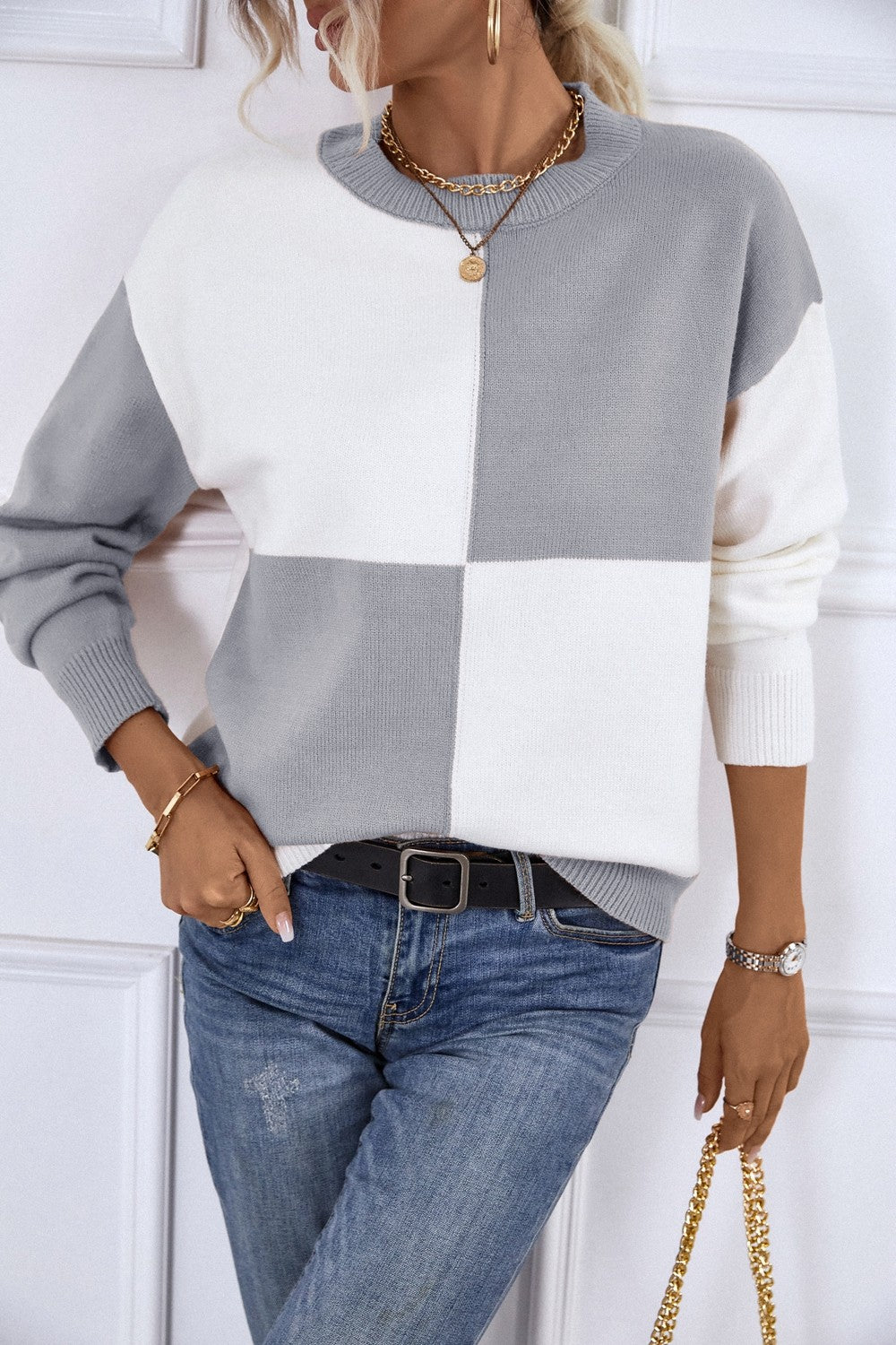 Color Block Ribbed Trim Dropped Shoulder Knit Pullover featuring a trendy design with ribbed details and long sleeves.