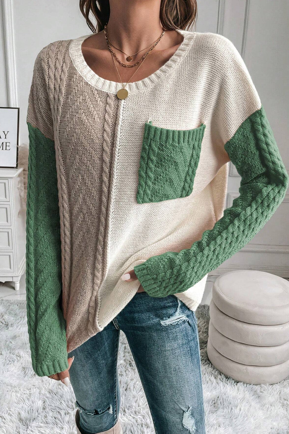 Color Block Round Neck Long Sleeve Sweater featuring a stylish design with pockets, made from a soft acrylic-polyamide blend.