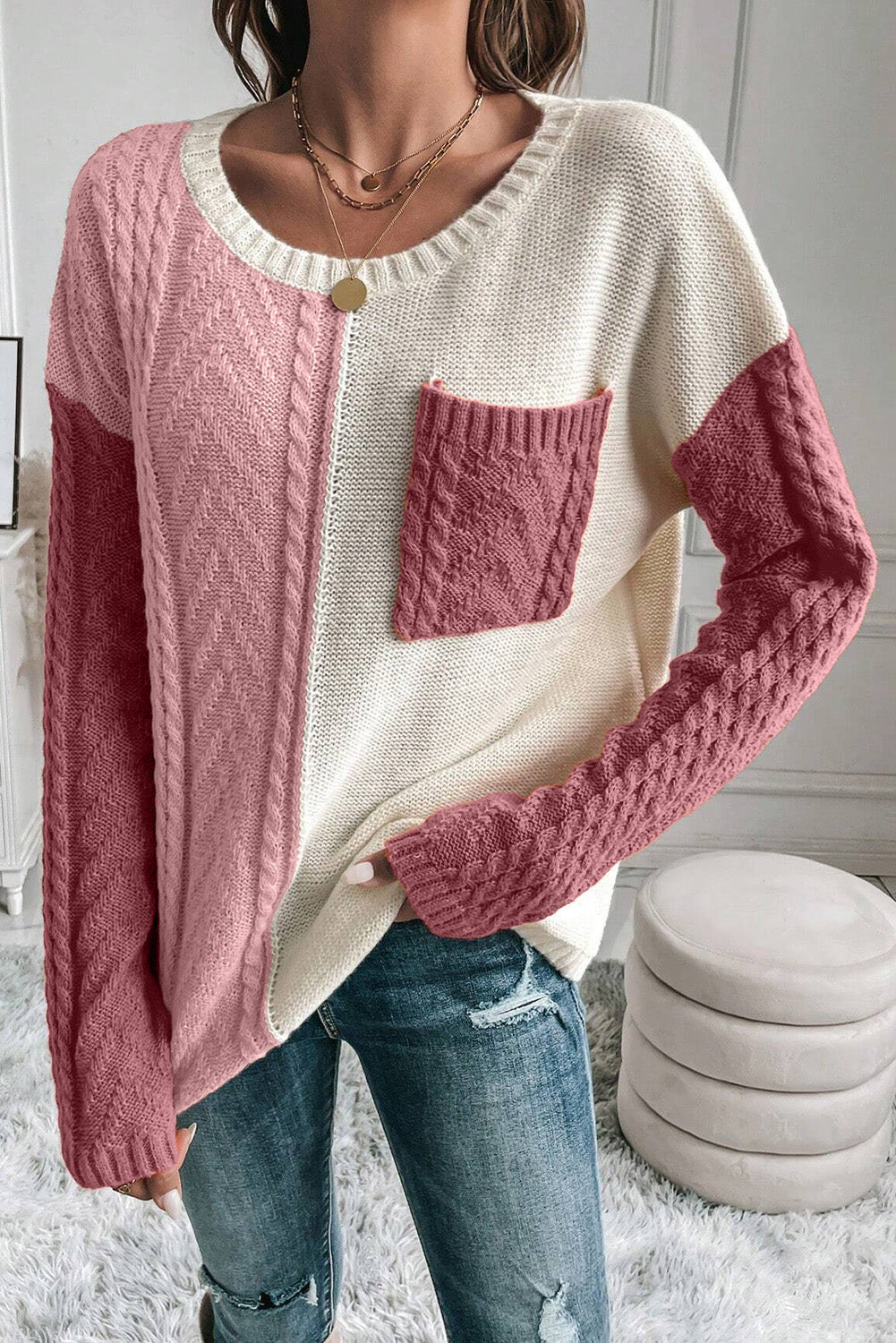 Color Block Round Neck Long Sleeve Sweater featuring a stylish design with pockets, made from a soft acrylic-polyamide blend.