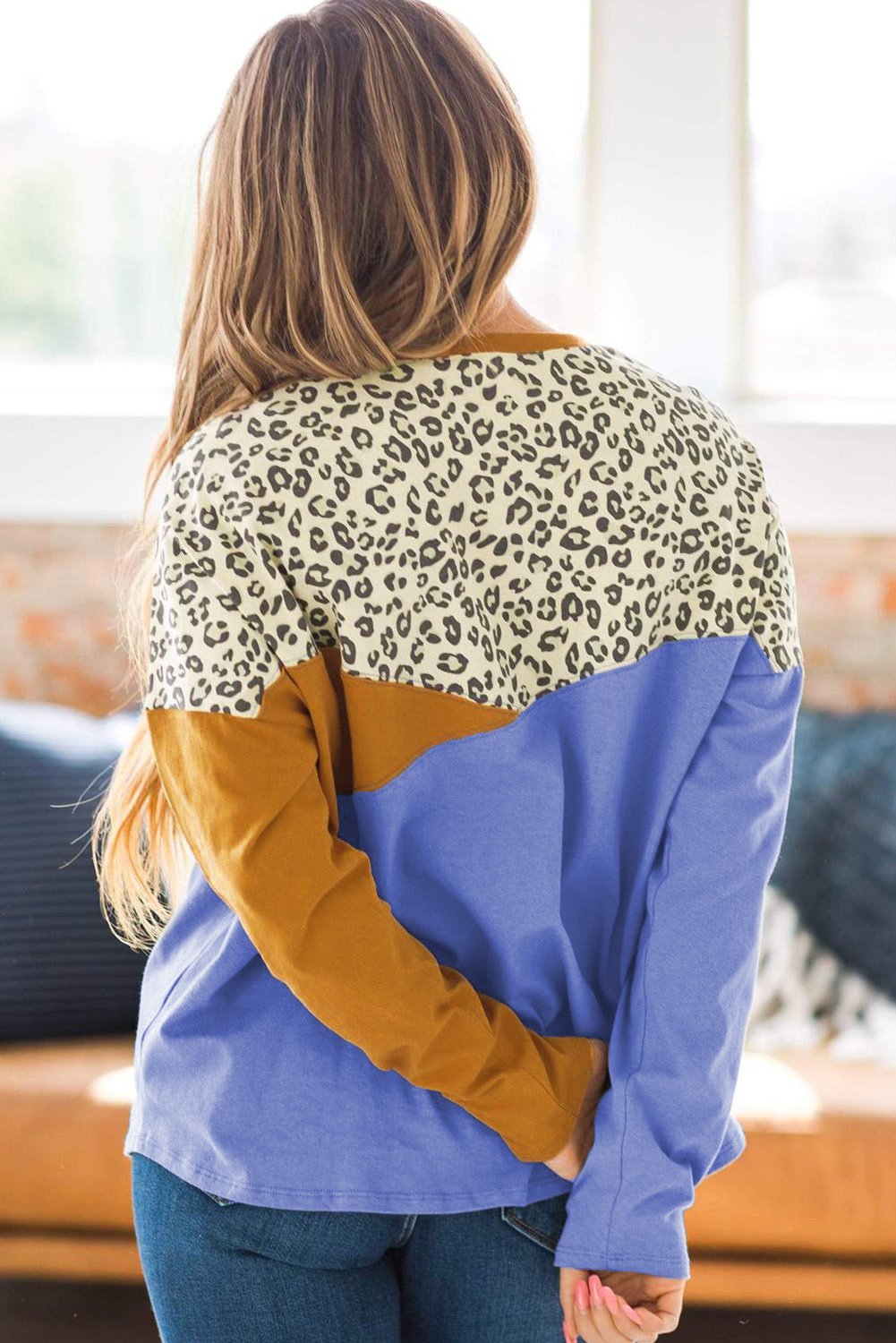 Color Block Splicing Long Sleeve Top featuring vibrant leopard print and contrasting colors, perfect for casual wear.