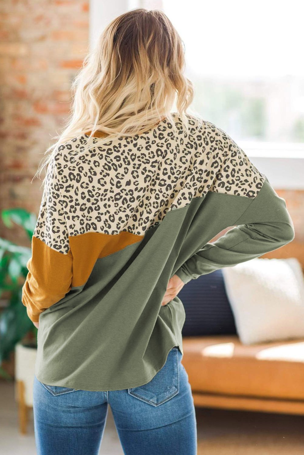 Color Block Splicing Long Sleeve Top featuring vibrant leopard print and contrasting colors, perfect for casual wear.